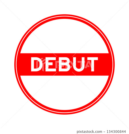 Red color round seal sticker in word debut on white background Red color round seal sticker in word debut on white background 134300844