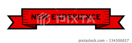 Ribbon label banner with word new experience in red color on white background 134300857