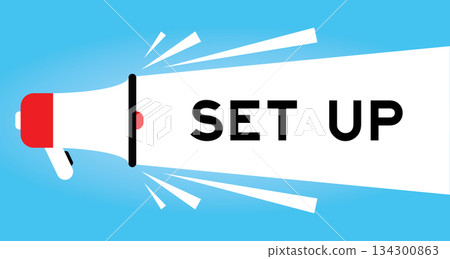 Color megaphone icon with word set up in white banner on blue background Color megaphone icon with word set up in white banner on blue background 134300863