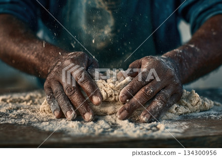 A person uses their hands to knead dough on a wooden table in a kitchen while flour is in the air and on the surface 134300956