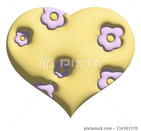 Inflated yellow heart with flower pattern in 3D for model, Valentine Day, sticker, merchandise, fabric, decoration, love icon, campaign badge, sign, symbol, girl power, pin, cute patch, brooch 134301570