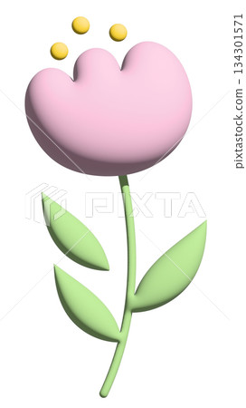 Inflated pink tulip flower with green leaves in 3D for model, merchandise, plant, tree, nature, garden, floral print, decorations, cartoon character, comic, mascot, cute patch, brooch, print, sticker 134301571