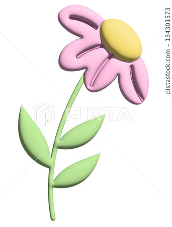 Inflated pastel pink flower with green leaves in 3D for model, merchandise, plant, tree, nature, garden, floral print, decorations, cartoon character, comic, mascot, cute patch, brooch, print, sticker 134301573