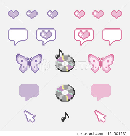 [Y2K/Heisei Retro] Girly pixel art icon set - hearts, butterflies, CDs, speech bubbles 134301581