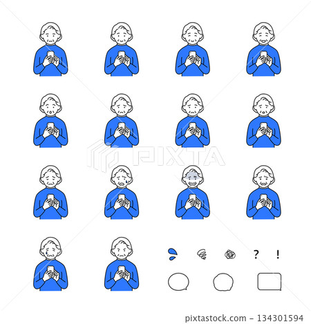 Facial expression set of senior women operating smartphones (with joy, anger, sadness, trouble, and icons) 134301594