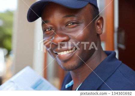 A person stands at the entrance of a building, smiling while holding a document outdoors in bright daylight A person stands at the entrance of a building, smiling while holding a document outdoors in bright daylight 134301692