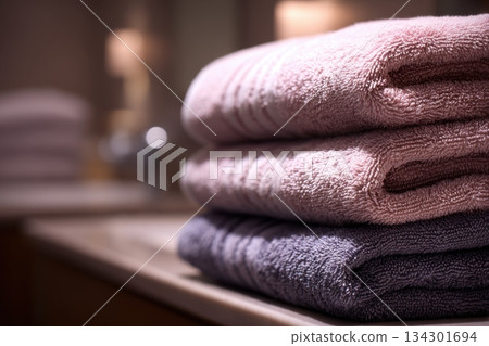 Towels are neatly arranged on a counter in a bathroom. Soft colors reflect the light coming from nearby Towels are neatly arranged on a counter in a bathroom. Soft colors reflect the light coming from nearby 134301694