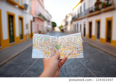 A person holds a colorful map in a quiet street of a historic town. The sun shines on the cobblestone road and nearby buildings A person holds a colorful map in a quiet street of a historic town. The sun shines on the cobblestone road and nearby buildings 134301697