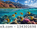 Bright fish move among coral in clear water by mountains. Sunlight shines down on the vibrant underwater scene 134301698