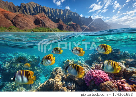 Bright fish move among coral in clear water by mountains. Sunlight shines down on the vibrant underwater scene Bright fish move among coral in clear water by mountains. Sunlight shines down on the vibrant underwater scene 134301698