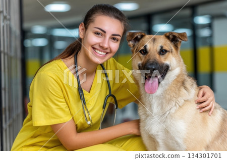 Veterinarian smiles next to a dog in a clinic. They enjoy a moment together in a busy animal care space Veterinarian smiles next to a dog in a clinic. They enjoy a moment together in a busy animal care space 134301701