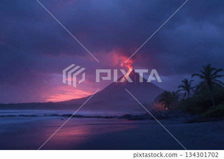 A volcano releases smoke and lava during sunset. Waves crash on the beach as dark clouds surround the scene. Palm trees stand nearby A volcano releases smoke and lava during sunset. Waves crash on the beach as dark clouds surround the scene. Palm trees stand nearby 134301702