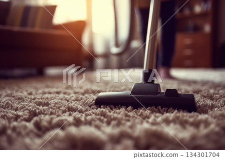 A person is cleaning the carpet with a vacuum cleaner in their living room while sunlight enters through the window A person is cleaning the carpet with a vacuum cleaner in their living room while sunlight enters through the window 134301704