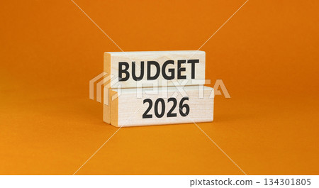 Budget 2026 symbol. Concept words Budget 2026 on beautiful wooden blocks. Beautiful orange paper background. Business and budget 2026 concept. Copy space. 134301805