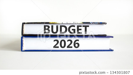 Budget 2026 symbol. Concept words Budget 2026 on beautiful books. Beautiful white paper background. Business and budget 2026 concept. Copy space. Budget 2026 symbol. Concept words Budget 2026 on beautiful books. Beautiful white paper background. Business and budget 2026 concept. Copy space. 134301807