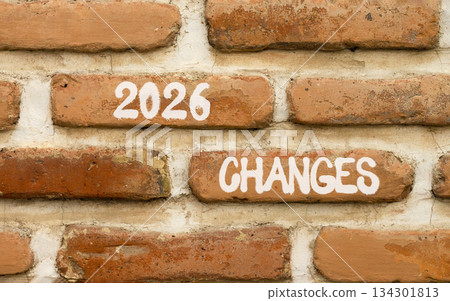 2026 Changes symbol. Concept words 2026 Changes on beautiful brown brick wall. Beautiful brown brick wall background. Business and 2026 changes concept. Copy space. 134301813