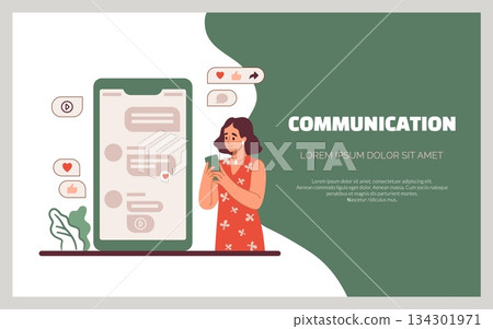 People mobile communication landing page. Woman chatting online. Smartphone screen. Messenger interface. Phone application for internet mailing. Website template. Vector background 134301971