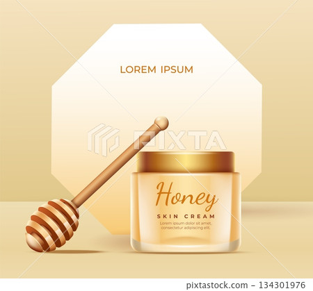 Honey bee cosmetic ad banner design template. Moisturizing cream jar. Skin beauty natural product advertising. Wooden spoon. Honeycomb moisturizer bottle. Vector organic skincare banner Honey bee cosmetic ad banner design template. Moisturizing cream jar. Skin beauty natural product advertising. Wooden spoon. Honeycomb moisturizer bottle. Vector organic skincare banner 134301976