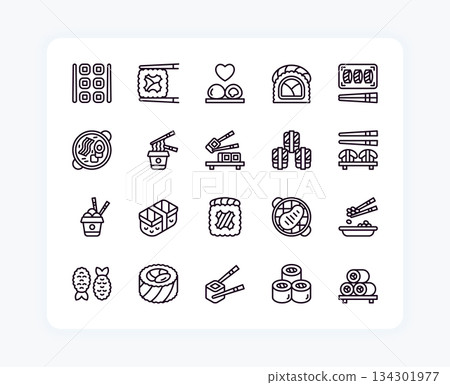 Japanese food. Asian sushi icons. Japan or Thai cuisine for Asia restaurant menu. Tuna sashimi. Nigiri or maki roll box lunch. Noodle bowl with and chopsticks. Vector line symbols set Japanese food. Asian sushi icons. Japan or Thai cuisine for Asia restaurant menu. Tuna sashimi. Nigiri or maki roll box lunch. Noodle bowl with and chopsticks. Vector line symbols set 134301977