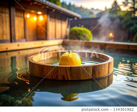 一顆柚子漂浮在柏木浴缸中，營造出日式冬至景象。 134301982