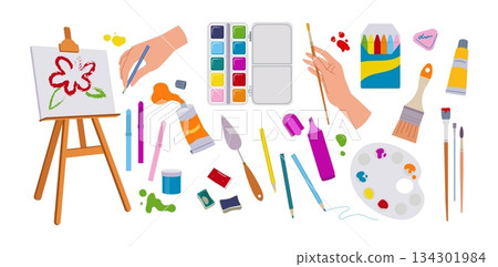 Art kit. Palette tool supplies, painter equipment, watercolor and gouache paint in tubes and boxes, artist brush and pencil. Drawing color symbols, creative markers. Vector cartoon set 134301984
