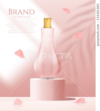 Pink perfume podium. Cosmetic on studio on background with shadow leaves and window light. Realistic flask bottle standing on 3d round display stand. Beauty product advertising vector mockup Pink perfume podium. Cosmetic on studio on background with shadow leaves and window light. Realistic flask bottle standing on 3d round display stand. Beauty product advertising vector mockup 134301985