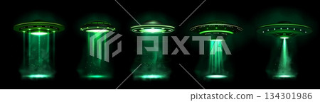 Ufo light. Alien spaceship with green space beam, flying 3d saucer, fiction science smoke. Galaxy glow with bright illumination sparkle vertical ray, neon spotlight. Vector realistic object 134301986