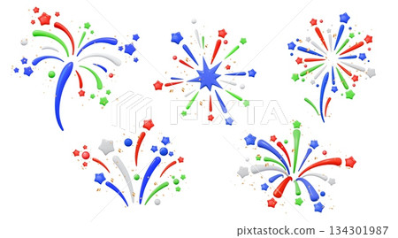 3d firework. Festive party day, national celebrate star or child birthday and wedding, memorial fire. Art decoration, confetti composition, firecracker icon. Vector glossy render isolated set 3d firework. Festive party day, national celebrate star or child birthday and wedding, memorial fire. Art decoration, confetti composition, firecracker icon. Vector glossy render isolated set 134301987