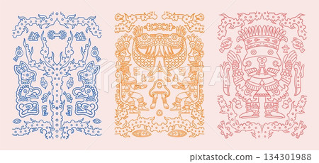 Mexican pattern. Aztec African or Mexico elements, tribal Africa texture or Peruvian maya ethnic tribe line art. Posters or print ornament design, vector vintage monochrome isolated shapes set Mexican pattern. Aztec African or Mexico elements, tribal Africa texture or Peruvian maya ethnic tribe line art. Posters or print ornament design, vector vintage monochrome isolated shapes set 134301988