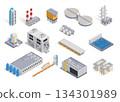Isometric factory buildings. Manufacturing plant. Gas and water container. Electricity generation station. Warehouse and derrick. Equipment manufacture. Vector construction 3d elements set 134301989