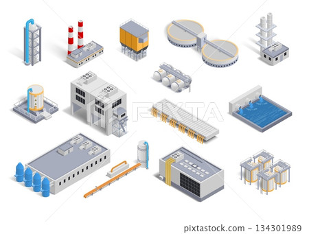 Isometric factory buildings. Manufacturing plant. Gas and water container. Electricity generation station. Warehouse and derrick. Equipment manufacture. Vector construction 3d elements set Isometric factory buildings. Manufacturing plant. Gas and water container. Electricity generation station. Warehouse and derrick. Equipment manufacture. Vector construction 3d elements set 134301989