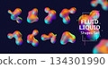 3D liquid shapes. Fluid chrome form. Metal blob or gradient hologram. Iridescent rainbow. Glitch wave and metaball spheres. Metallic blotches. Amorphous forms. Vector wavy elements set 134301990