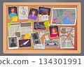 Investigate board. Mystery crime newspaper. Police map with solving criminal thread. Picture paper chart for search. Evidence and fingerprint. Note sticker. Vector detective noticeboard 134301991