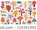 Fall tree. Autumn bush, November flat oak and marble branch, leaves for landscape. Season wood forest with different yellow dry foliage, doodle nature garden. Vector cartoon isolated set 134301992