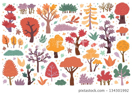 Fall tree. Autumn bush, November flat oak and marble branch, leaves for landscape. Season wood forest with different yellow dry foliage, doodle nature garden. Vector cartoon isolated set 134301992