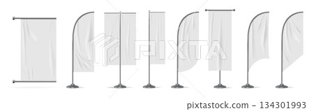 Wind banner. Vertical flag template, hanging beach blank teardrop or ad textile flagpole. White stand for expo and event different shapes. Vector mockup, marketing advertising isolated element 134301993