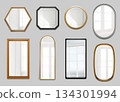 Mirror reflect. Bathroom wall silver frame, glass effect in oval and rectangular shape. Hanging in bedroom modern interior, 3d house light. Vector decor, gold, wood and black framework set 134301994