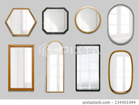 Mirror reflect. Bathroom wall silver frame, glass effect in oval and rectangular shape. Hanging in bedroom modern interior, 3d house light. Vector decor, gold, wood and black framework set 134301994