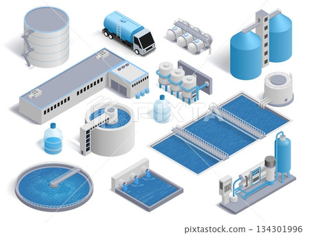Water tank system. Plant treatment storage process. 3D clean pump. Sewage pipe. Purification reservoir. Architecture exterior. Filter station equipment. Vector factory constructions set Water tank system. Plant treatment storage process. 3D clean pump. Sewage pipe. Purification reservoir. Architecture exterior. Filter station equipment. Vector factory constructions set 134301996