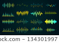Sound wave. Music equalizer. Audio soundwave line or frequency radio bar. Volume beat pattern. Rhythm waveform. Gradient sound impulse. Vibration chart. Vector stereo recorder logo set 134301997