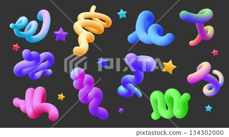 3D gradient shapes. Abstract color fluid stroke. Cool liquid blend brush or flow hologram splash. Holographic form. Gradient swirl figure. Curly minimal wave. Vector render spirals set 3D gradient shapes. Abstract color fluid stroke. Cool liquid blend brush or flow hologram splash. Holographic form. Gradient swirl figure. Curly minimal wave. Vector render spirals set 134302000