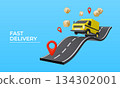 3D delivery concept. Route truck road. Fast cargo order shipment. Courier van on curve street with traffic gps pins. Express freight shipping. Render cardboard boxes. Vector background 134302001