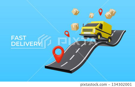 3D delivery concept. Route truck road. Fast cargo order shipment. Courier van on curve street with traffic gps pins. Express freight shipping. Render cardboard boxes. Vector background 3D delivery concept. Route truck road. Fast cargo order shipment. Courier van on curve street with traffic gps pins. Express freight shipping. Render cardboard boxes. Vector background 134302001