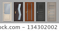Wood door. Old wooden texture. Modern simple doorway with doorknob or glass. House entrance frame front view. 3D gate design. Office or home doorframe. Vector realistic interior objects set 134302002
