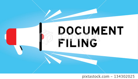 Color megaphone icon with word document filing in white banner on blue background Color megaphone icon with word document filing in white banner on blue background 134302025