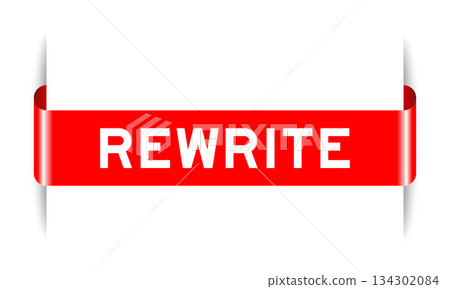 Red color inserted label banner with word rewrite on white background 134302084
