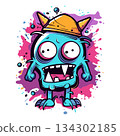 Shocked Blue Cartoon Monster with Horned Helmet and Vibrant Paint Splashes (AI Generated) 134302185