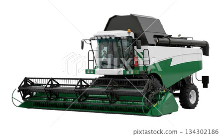 A grain harvester stands alone, designed for collecting crops such as wheat and barley in agricultural fields. It features cutting equipment at the front for efficient harvest. A grain harvester stands alone, designed for collecting crops such as wheat and barley in agricultural fields. It features cutting equipment at the front for efficient harvest. 134302186