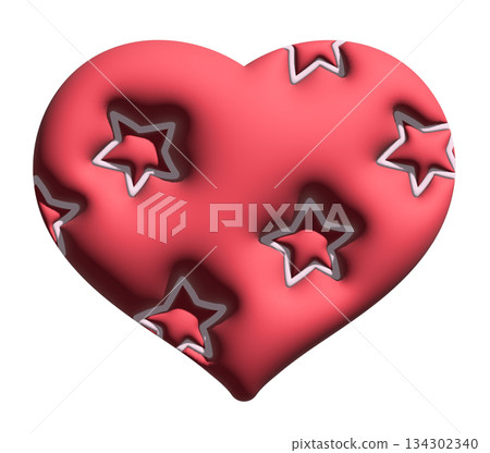 Inflated red heart with star pattern in 3D for model, Valentine Day, sticker, merchandise, fabric, decoration, love icon, campaign badge, sign, symbol, girl power, pin, cute patch, brooch 134302340
