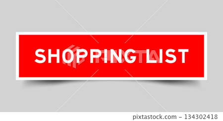 Red color square shape sticker label with word shopping list on gray background Red color square shape sticker label with word shopping list on gray background 134302418